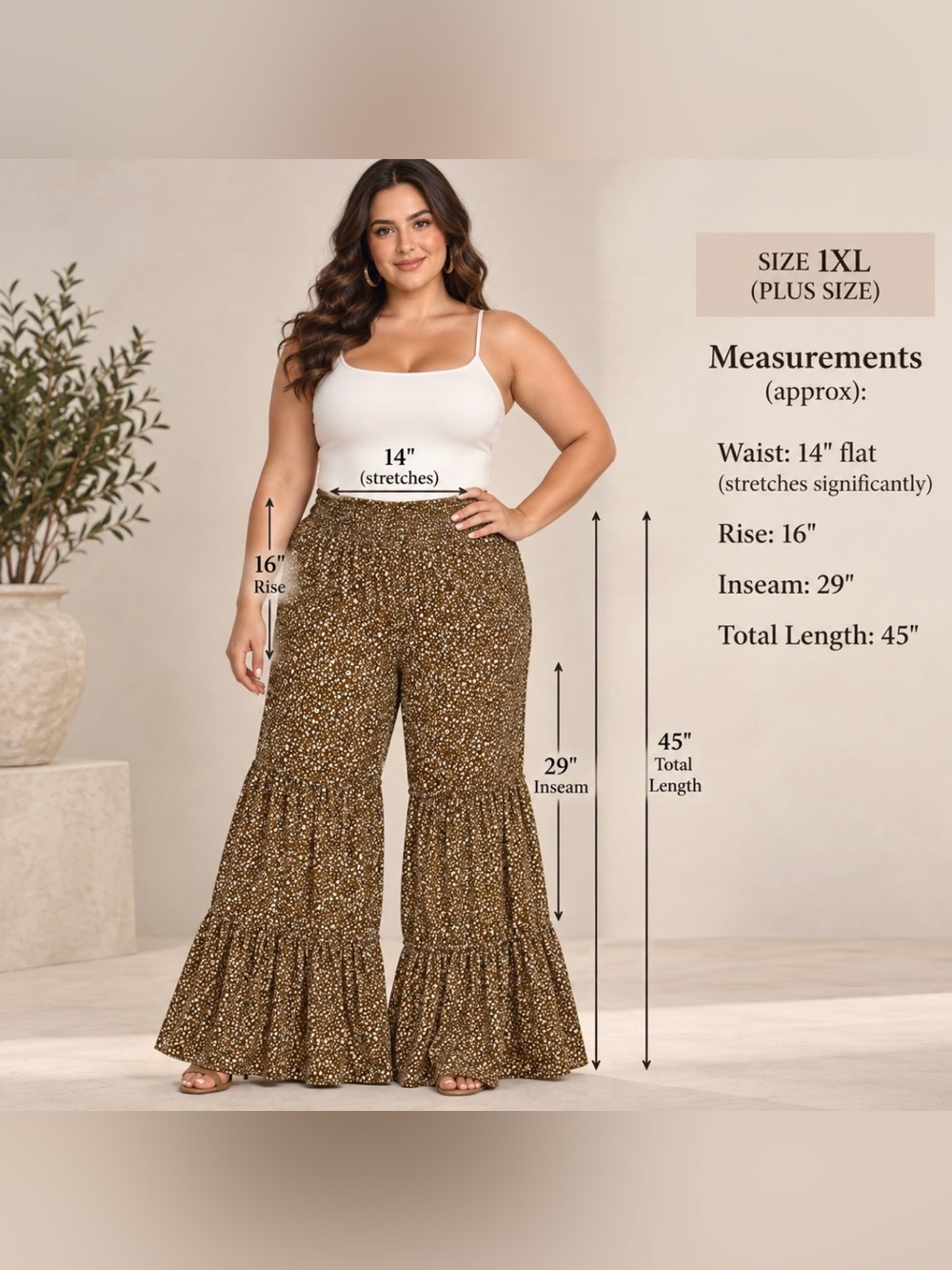Oddi Brown Floral Smocked Waist Wide Leg Tiered Boho Festival 1XL -Resort Hippie